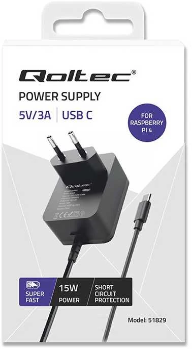 Qoltec Super FAST PD įkroviklis Raspberry PI 4 USB-C 15W 5V 3A juodas