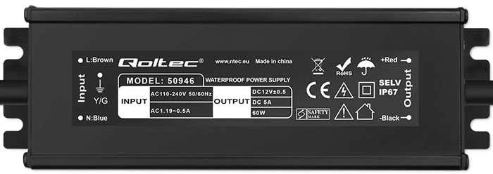 Qoltec Maitinimo šaltinis impulsowy LED IP67 | 60W | 12V | 5A | Wodoodporny