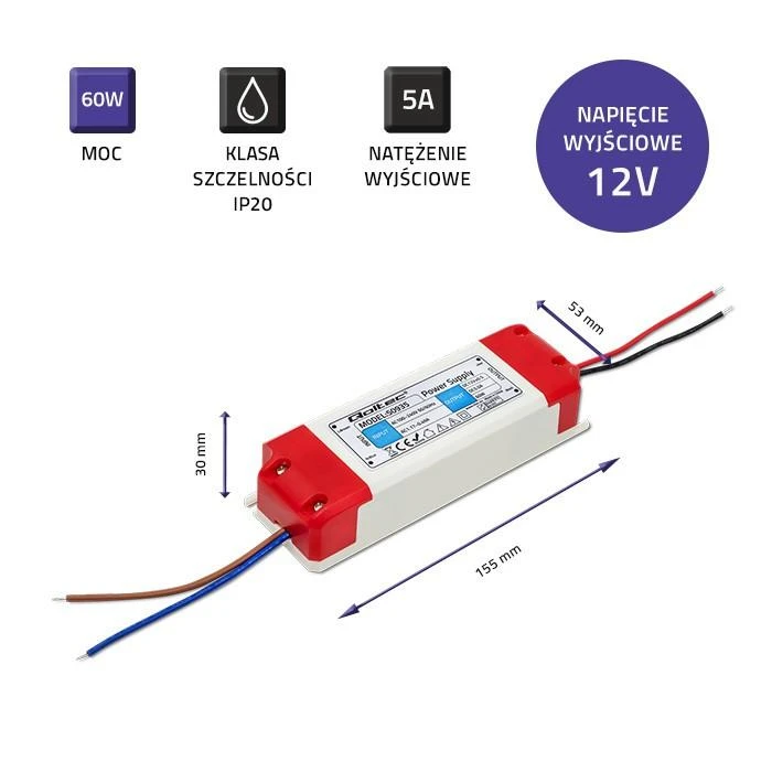 QOLTEC 50935 Impulsinis maitinimo šaltinis IP20 100V-240V 60W 12V 5A