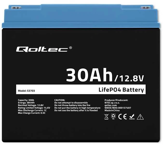 QOLTEC 53703 LiFePO4 ličio geležies fosfato baterija / 12.8V / 30Ah / 384Wh / BMS