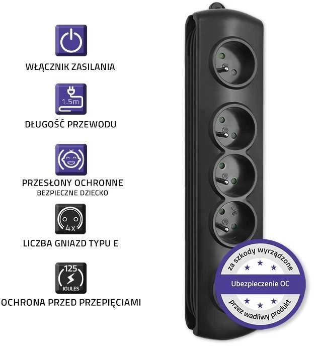 QOLTEC 50104 Viršįtampių apsauga 4 maitinimo lizdas 1,5m