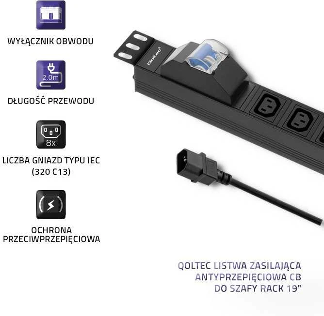 QOLTEC 53999 Apsauga nuo viršįtampių CB, skirta RACK 19 1U 10A PDU 8xIEC C13 2m