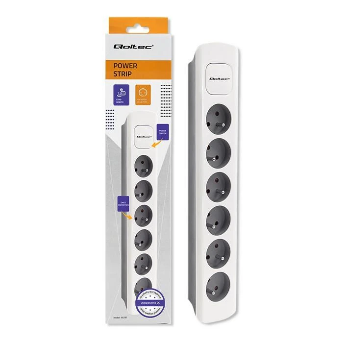 QOLTEC 50297 Maitinimo juosta 6 lizdai 1,8 m Balta pilka