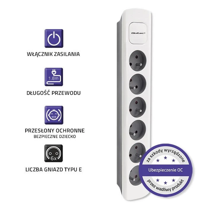 QOLTEC 50297 Maitinimo juosta 6 lizdai 1,8 m Balta pilka