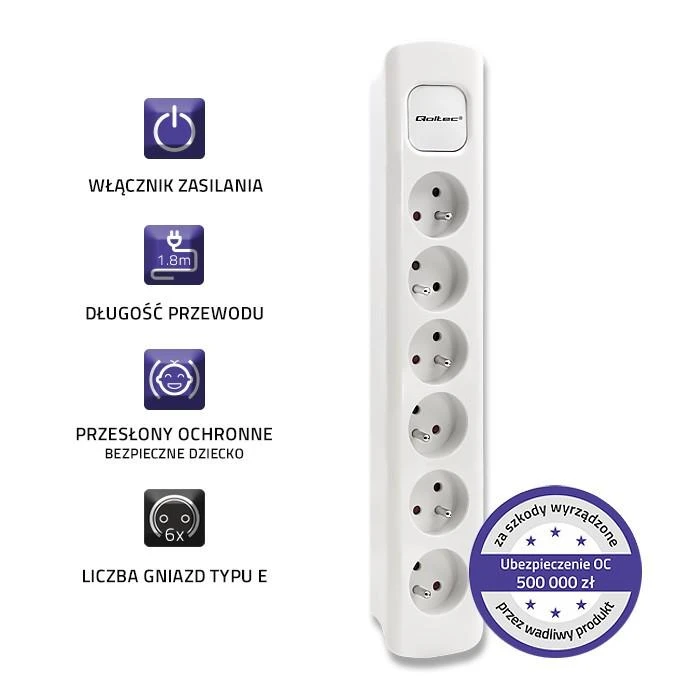 QOLTEC 50278 Maitinimo juosta 6 lizdai 1,8m Baltas
