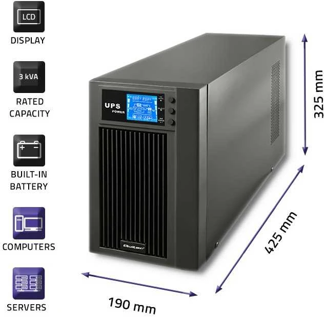Qoltec Nepertraukiamo maitinimo šaltinis On-line 3KVA 2.4kW LCD USB