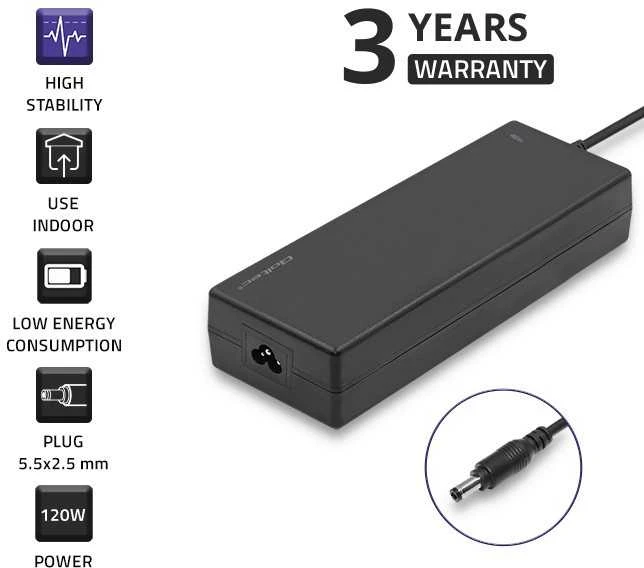 QOLTEC 50798 Stalinio kompiuterio maitinimo šaltinis 120W 12V 10A 5,5x2,5 maitinimo kabelis