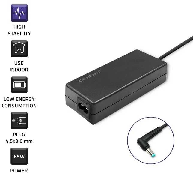 QOLTEC 51555 Nešiojamas kompiuteris AC maitinimo adapteris Qoltec skirtas HP 65W 19.5V 3.33A 4.5 3.0 SLIM