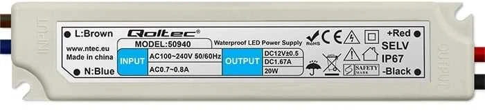 QOLTEC 50940 Qoltec Impulse maitinimo šaltinis IP67 100V-240V 20W 12V 1.6A