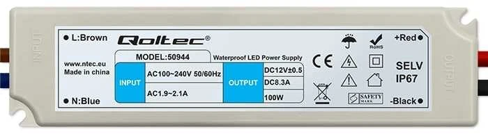 QOLTEC 50944 Qoltec Impulse maitinimo šaltinis | IP67 | 100V-240V | 100W | 12V | 8.3A