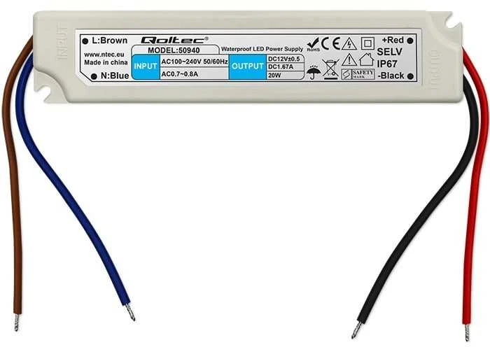 QOLTEC 50940 Qoltec Impulse maitinimo šaltinis IP67 100V-240V 20W 12V 1.6A