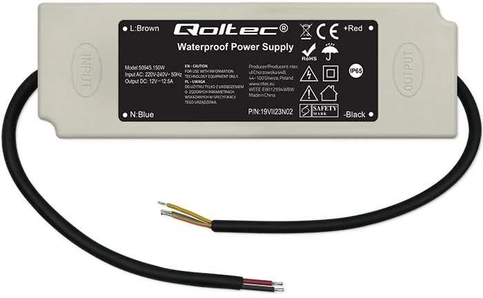 Qoltec Maitinimo šaltinis impulsinis LED IP67 | 150W | 12V | 12,5A | Atsparus vandeniui | Baltas
