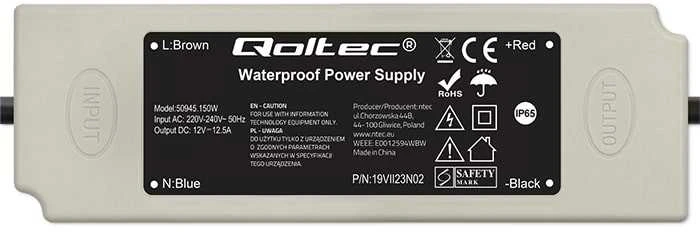 Qoltec Maitinimo šaltinis impulsinis LED IP67 | 150W | 12V | 12,5A | Atsparus vandeniui | Baltas