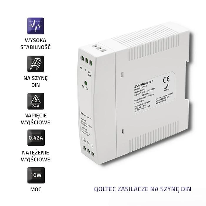 QOLTEC 50907 DIN bėgio maitinimo šaltinis 10W 24V 0.42A Baltas Slim