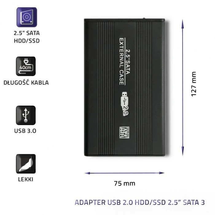 Juodas 2.5 colio HDD dėklas su matmenimis