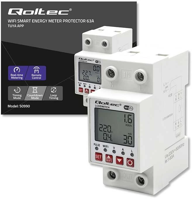 „Qoltec 63A“ relė, skirta DIN bėgeliui, su elektros skaitikliu | Laikmatis | Tuja | Belaidis internetas | LED