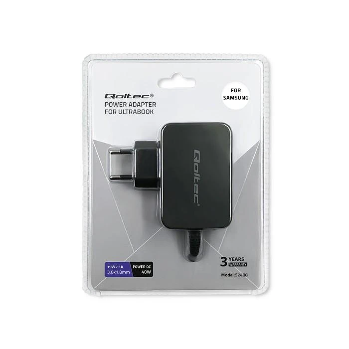 QOLTEC 52408 Maitinimo šaltinis Samsung 40W ultrabook / 19V / 2.1A / 3.0x1.0