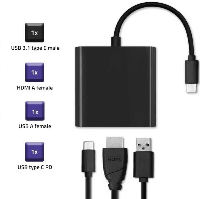 QOLTEC 50430 Qoltec Adapteris USB 3.1 typC Male / HDMI AF + USB AF + USB 3.1 typC juodas