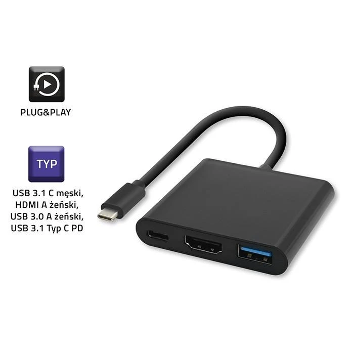 Qoltec USB-C į HDMI ir USB adapteris, juodas