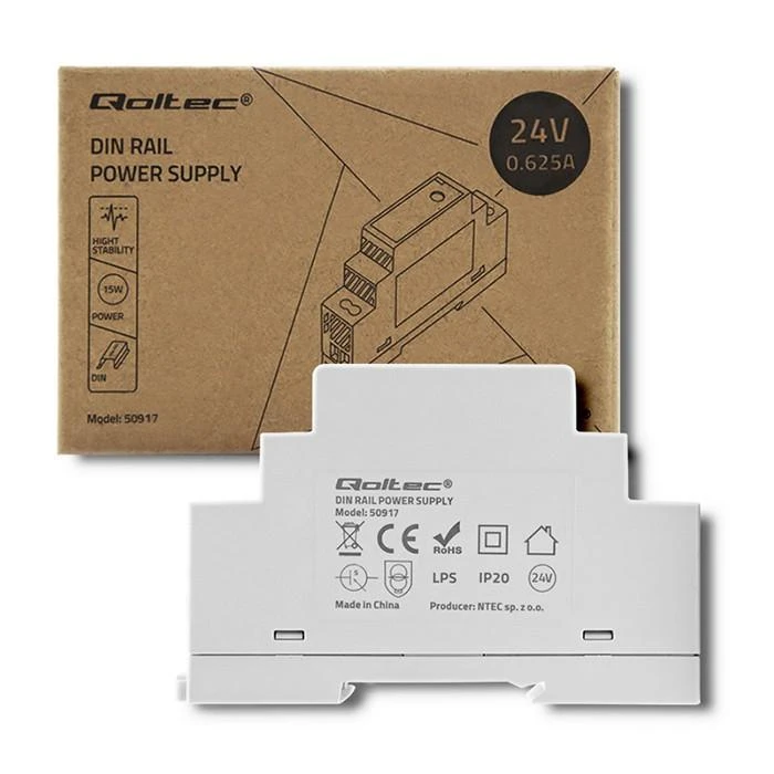 QOLTEC 50917 DIN bėgio maitinimo šaltinis 15W 24V 0.625A Pilka