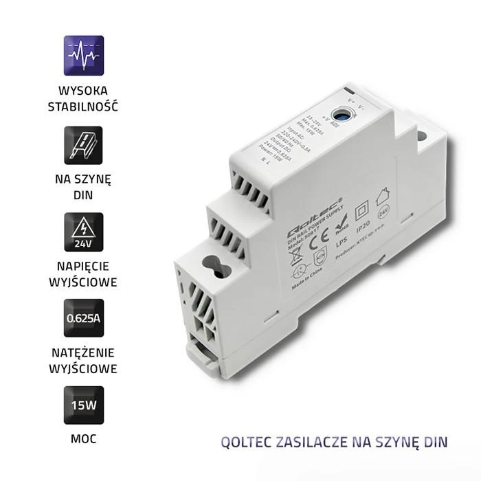 QOLTEC 50917 DIN bėgio maitinimo šaltinis 15W 24V 0.625A Pilka