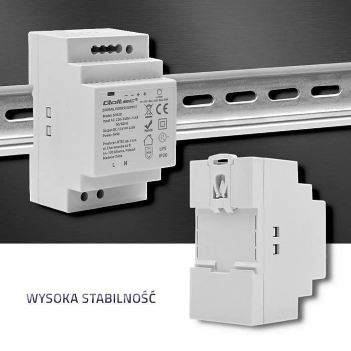 QOLTEC 50920 DIN bėgio maitinimo šaltinis 54W 12V 4.5A Pilka