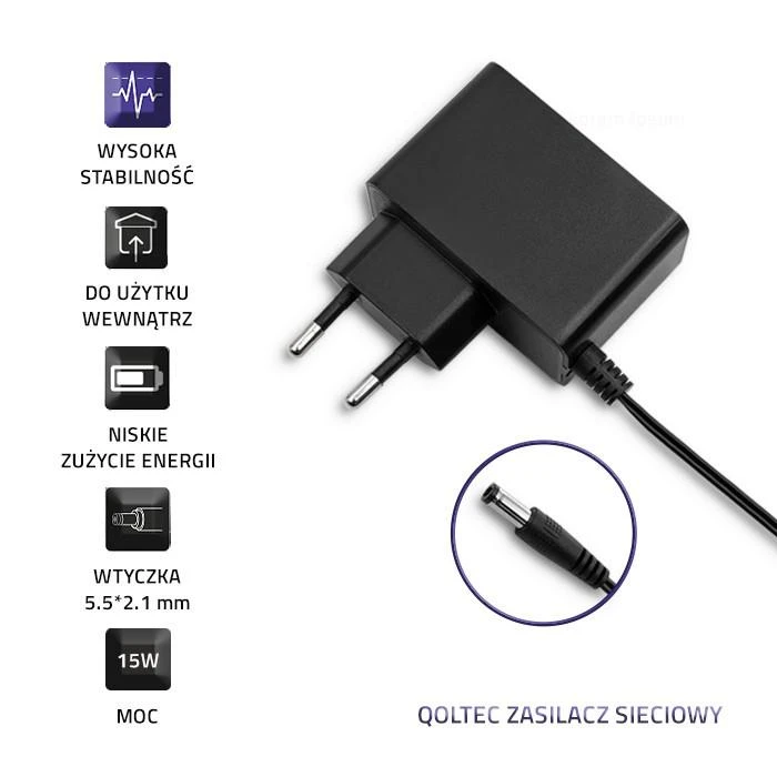 Qoltec 15W maitinimo adapteris su 5,5x2,1 mm antgaliu
