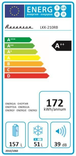 Šaldytuvas Ravanson LKK-210RB (545mm x 1470mm x 585 mm, 157l, Class A++, juodos spalvos)