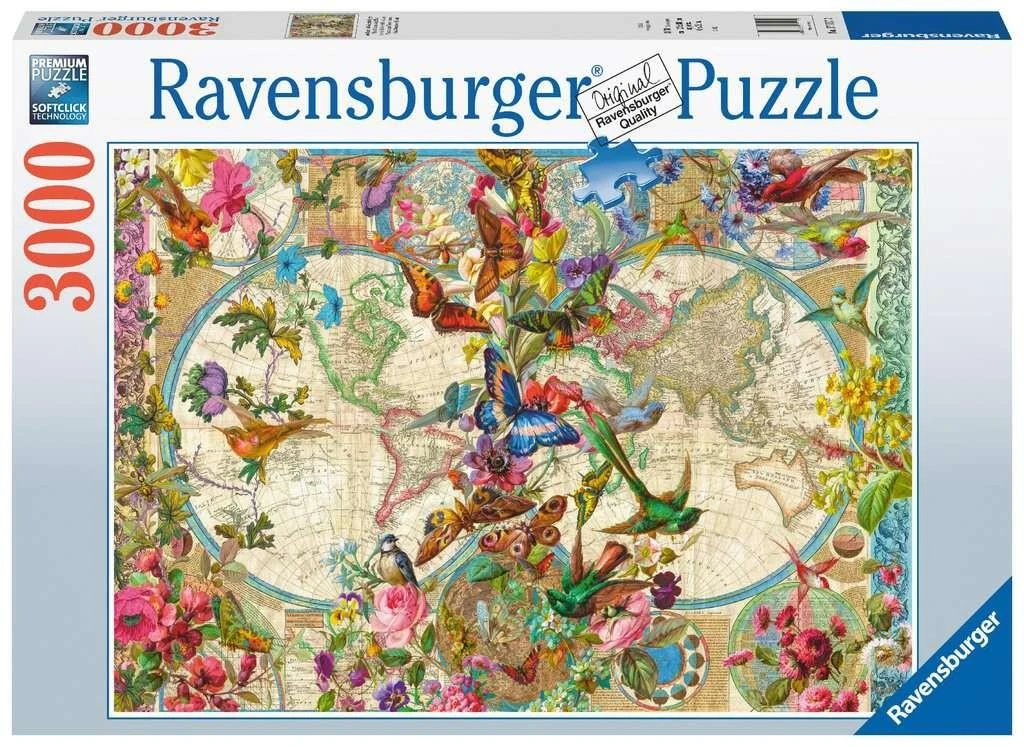 Ravensburger Dėlionė 3000 vnt. - Flora ir fauna. Pasaulio žemėlapis aprašymas - Prekės nuotrauka