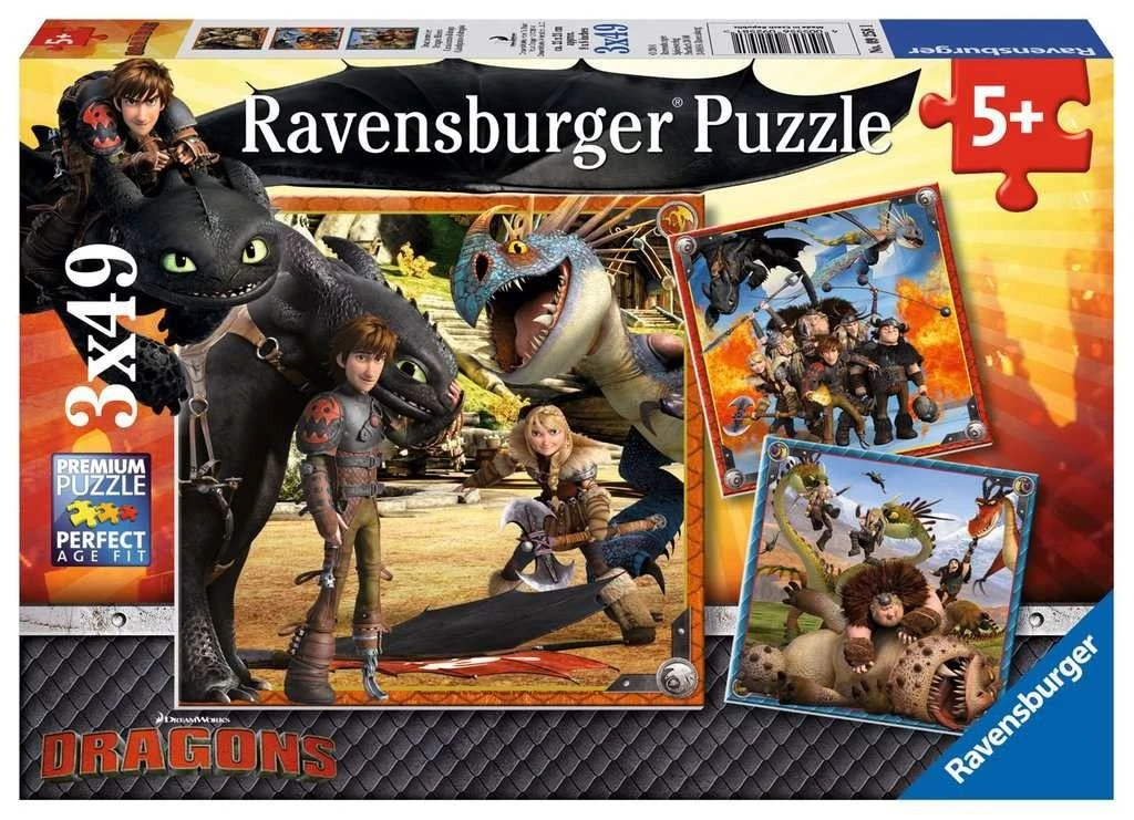 Dėlionė RAVENSBURGER rinkinys dėlionių Kaip Prisijaukinti Slibiną 3x49 det., 092581