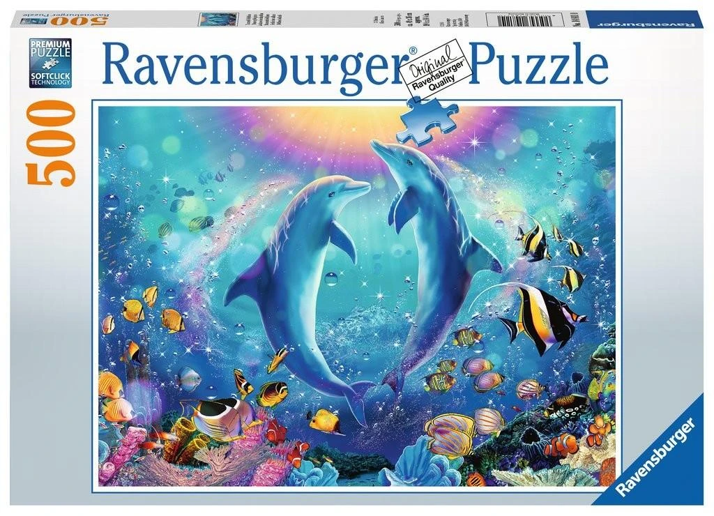 Dėlionė „Ravensburger Puzzle 500“ – galvosūkis „Šok su delfinais“.