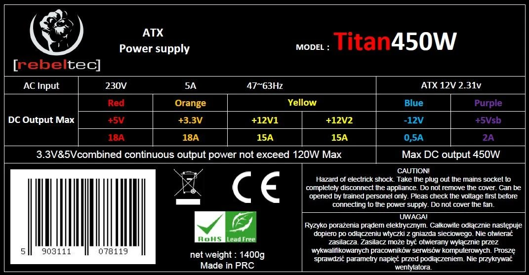 Maitinimo šaltinis Rebeltec Titan Series 450W