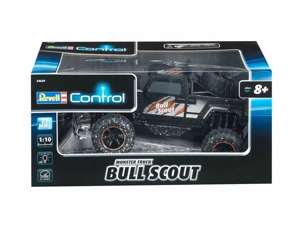 Revell Revell Control RC Car - nuotoliniu būdu valdomas automobilis su 27 MHz nuotolinio valdymo pulteliu, stabili konstrukcija, dideli ratai, užtikrinantys gerą mobilumą bekelėje, LED apšvietimas, akumuliatoriaus veikimas - BULL SCOUT 24629 bagis