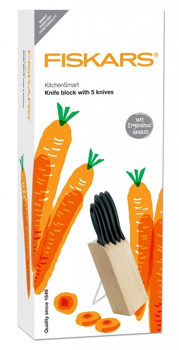 Fiskars "Essential" penkių peilių rinkinys su dėklu