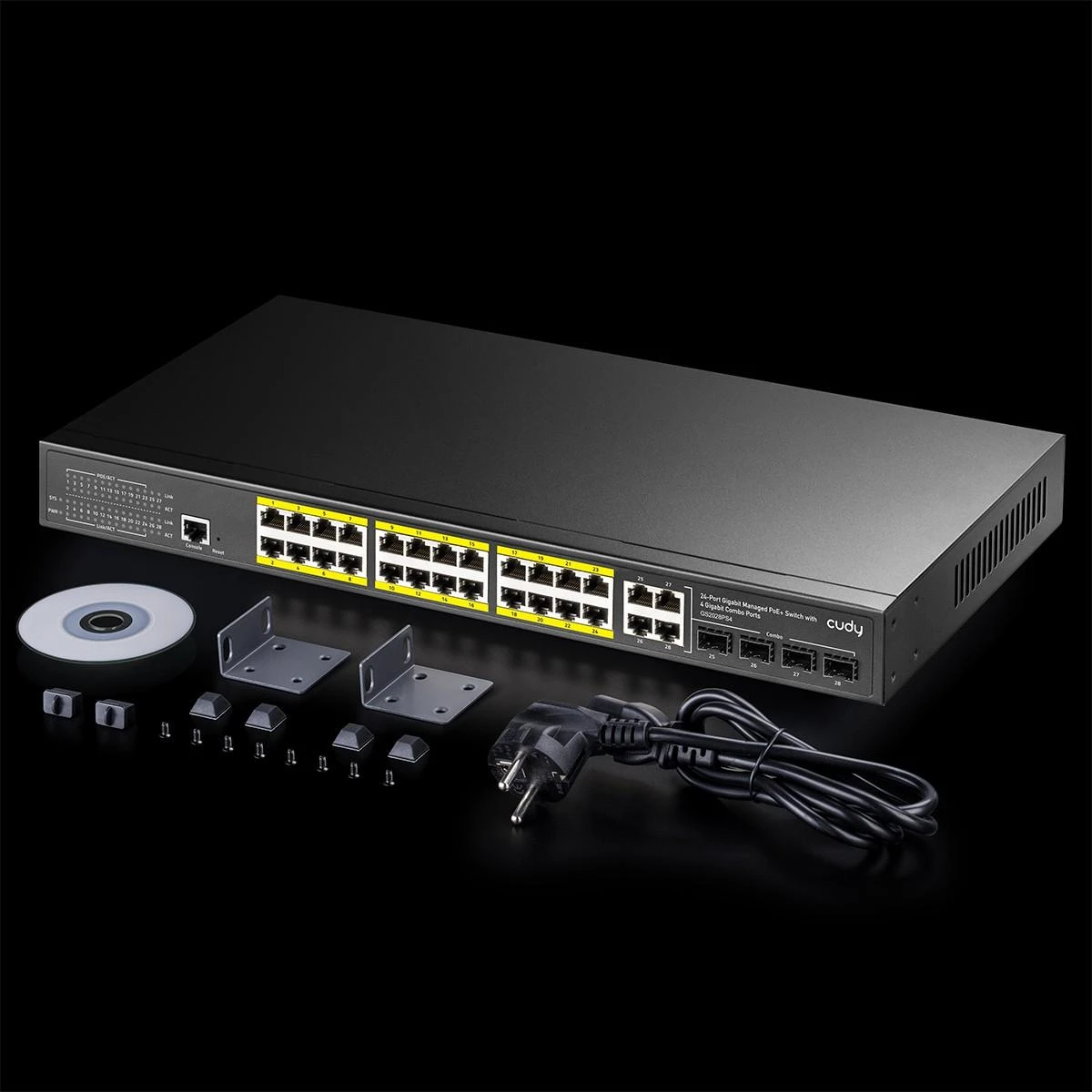 Šakotuvas Valdomas komutatorius - Cudy GS2028PS4 L2 Gigabit Ethernet PoE 1U Juodas