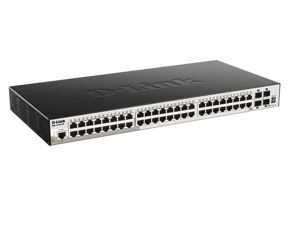 Šakotuvas D-Link | Sukraunamas išmanusis valdomas jungiklis su 10G įkėlimo nuorodomis | DGS-1510-52X/E | Tvarkoma L2 | Montuojamas ant stovo | Gigabit Ethernet (vario) jungtys kiekis 48