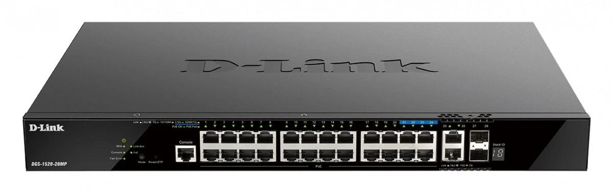 Šakotuvas D-Link Managed L3 Gigabit Switch DGS-1520-28MP 10/100/1000 Mbps (RJ-45), Tvarkomas, Stalinis kompiuteris, SFP+ jungtys kiekis 2x10GBase-X, Maitinimo tipas Perteklinis maitinimas, Ethernet LAN (RJ-45) jungtys 20
