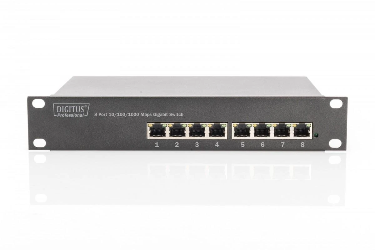 Šakotuvas Assmann Electronic DIGITUS 10 colių 8 prievadų Gigabit Ethernet jungiklis 8 x 10/100/1000Mbps RJ45 integruota galia, įskaitant 10 colių skliausteliuose