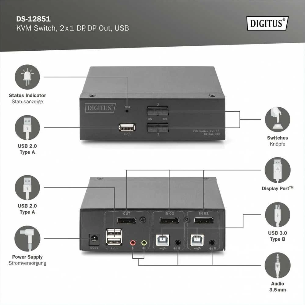 ATE Digitus DS-12851 KVM jungiklis Juoda
