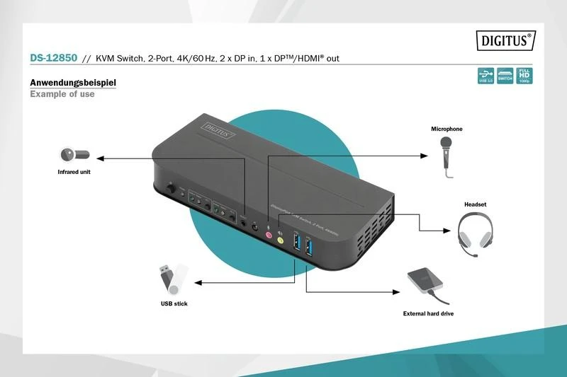 Assmann Electronic Assmann elektroninis DIGITUS KVM jungiklis 2x1 DP DP/HDMI OutUSB 4Kx2K60Hz