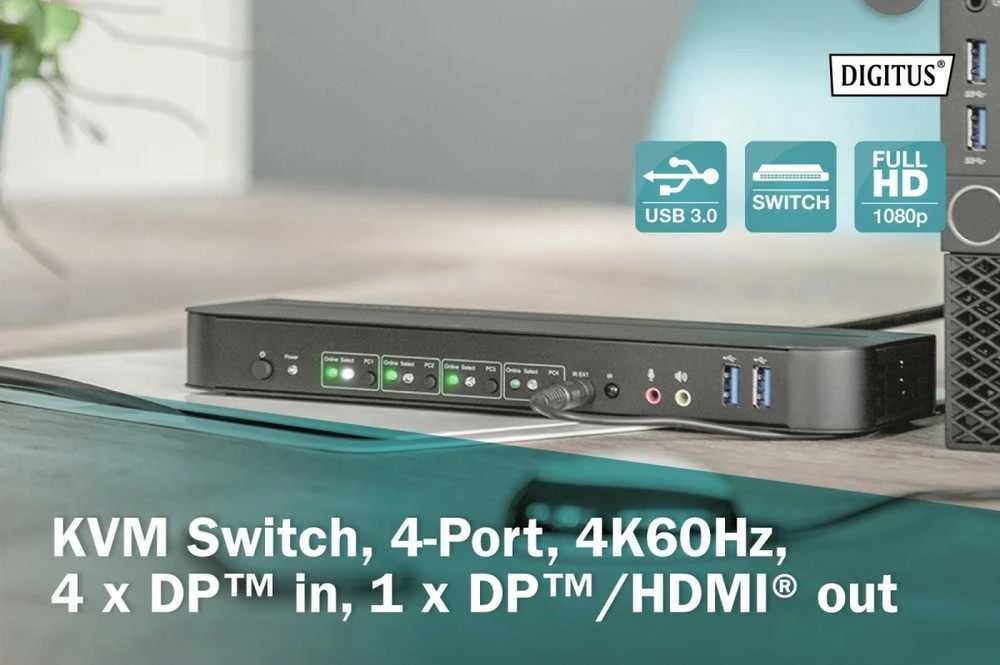 Assmann elektroninis DIGITUS KVM jungiklis 4x1 DP DP/HDMI Out USB 4Kx2K 60Hz