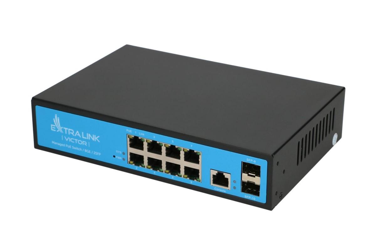 Šakotuvas Valdomas PoE jungiklis Extralink Victor, 8x Gigabit PoE/PoE+, 2x SFP, 150W
