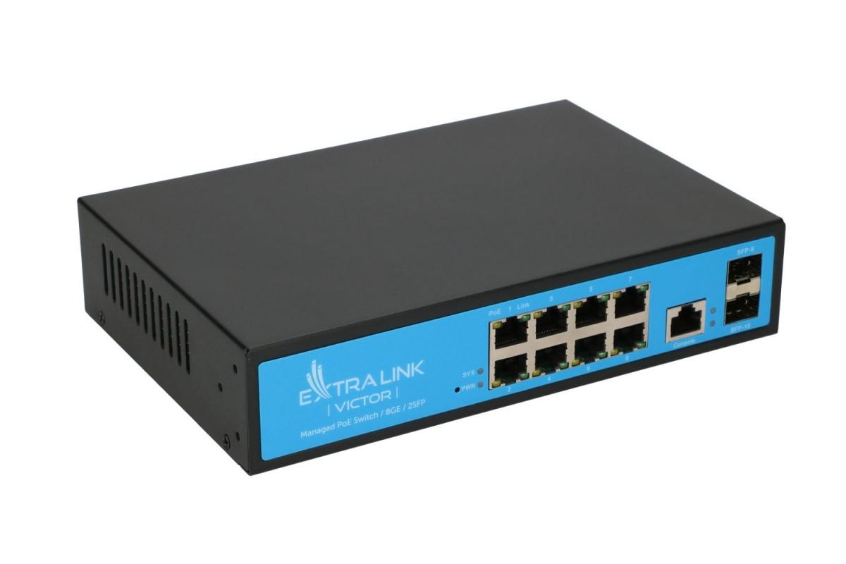 Šakotuvas Valdomas PoE jungiklis Extralink Victor, 8x Gigabit PoE/PoE+, 2x SFP, 150W