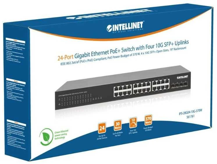 Šakotuvas „Intellinet 561761“ komutatorius, gigabito, 24x RJ45, „PoE+“, 370W, 4x SFP+, 10GbE Uplink