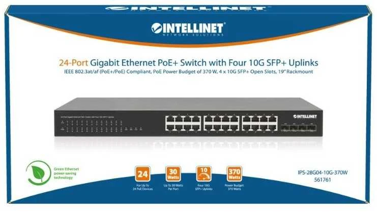 Šakotuvas „Intellinet 561761“ komutatorius, gigabito, 24x RJ45, „PoE+“, 370W, 4x SFP+, 10GbE Uplink