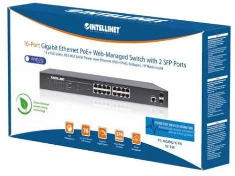 Šakotuvas Intellinet 561198 Gigabito komutatorius 16x RJ45 PoE+, 2x SFP lizdas