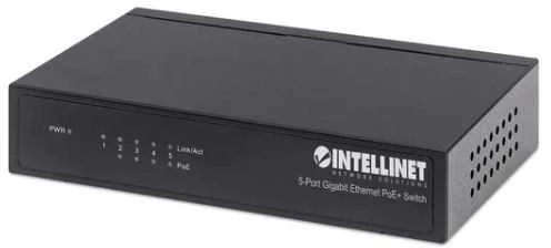Šakotuvas Intellinet Gigabit Switch PoE+ 5x RJ45 60W stalinis metalinis dėklas