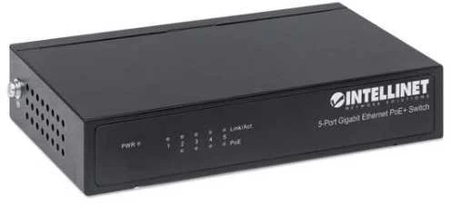 Šakotuvas Intellinet Gigabit Switch PoE+ 5x RJ45 60W stalinis metalinis dėklas