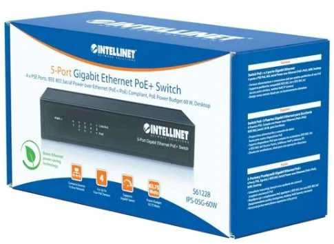 Šakotuvas Intellinet Gigabit Switch PoE+ 5x RJ45 60W stalinis metalinis dėklas