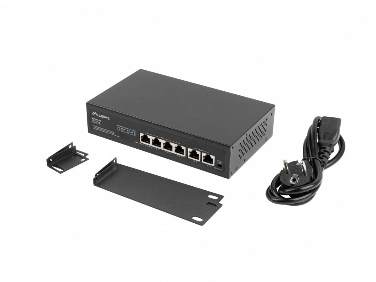LANBERG jungiklis PoE 19 colių 6 prievadų 100MB 4 jungtys PoE 30W/prievadas max 60W DSP3-0105-60W nevaldomas